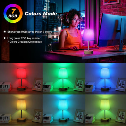 Ascher Small Bedside Table lamp, RGB Color Changing Lamps, 3 Color Temperatures, Dimmable Nightstand Lamp with USB C+A Ports, Touch Desk Lamp for Bedroom Living Room, H11.4in(Flaxen Shade)