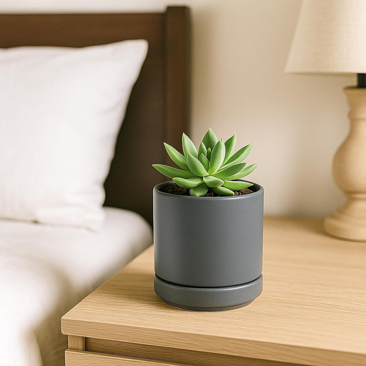 D'vine Dev 4.7 Inch Ceramic Planter Pot with Drainage Hole and Saucer, Indoor Cylinder Round Planter Pot, Teal, 94-O-B-9