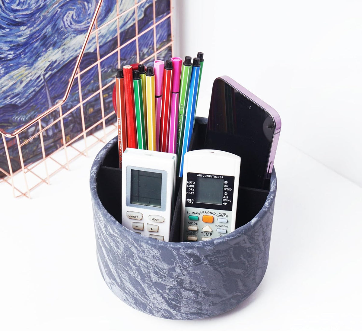 Round Leather Art Supply Organizer,Remote Control Holder,360 Degree Rotating,Multi-Functional Pencil Holder,4 Compartments Desktop Stationary Organizer(1-Blue Bird) - Colors A
