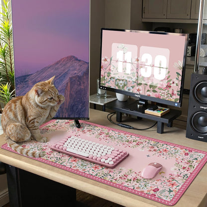 Desk Mat,Mouse Pad for Office Desk,35.4x15.7in,Pink Flowers