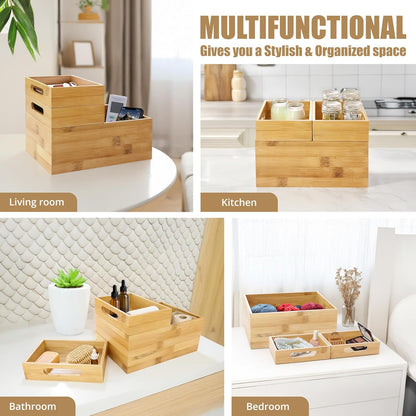 3-Piece Stackable Bamboo Storage Box, Large Storage Bin, Wooden Boxes for Makeup Drawer Organizer Bathroom, Office Supplies, Kitchen Utensils, Bamboo Storage Containers (Medium)