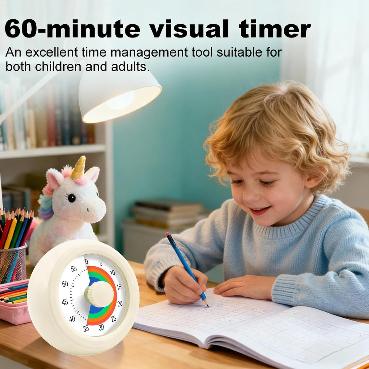 60 Minute Visual Timer with Silent Operation Visual Countdown Timer Rainbow Disk 60 Minute Countdown Timer Task Reminder Home and Kitchen Timer for Kids Desk, Office Meetings (White-Rainbow)