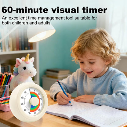 60 Minute Visual Timer with Silent Operation Visual Countdown Timer Rainbow Disk 60 Minute Countdown Timer Task Reminder Home and Kitchen Timer for Kids Desk, Office Meetings (White-Rainbow)