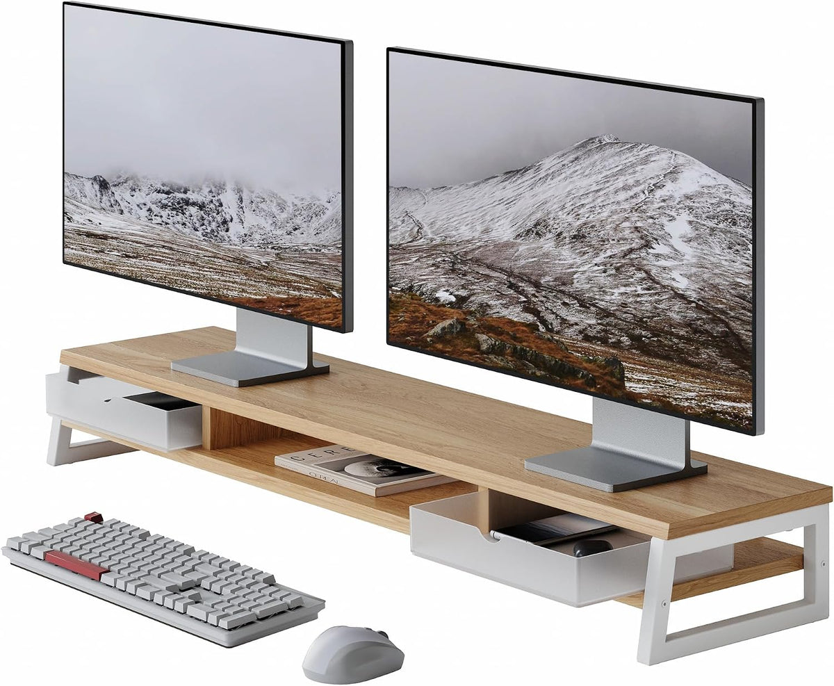Fenge Dual Monitor Stand, Monitor Riser with Drawer, 42.5 Inch Large Computer Monitor Stand for 2 Monitors, 2 Tier Wooden Desk Shelf for Top of Desk