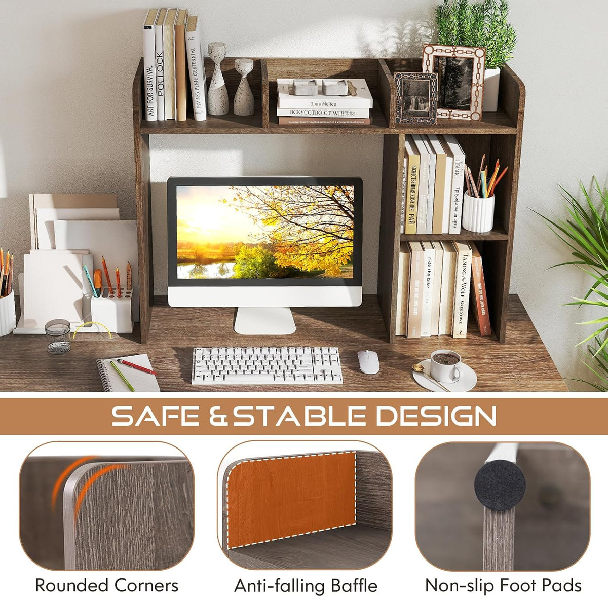 Desktop Bookshelf, Countertop Storage Hutch with 5 Shelves for Computer Desk, Desk 3-Tier Display Rack, Multipurpose Wood Desktop Hutch Storage Organizer for Dorm Office Home