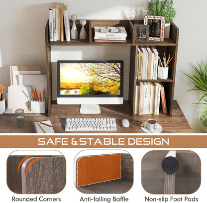 Desktop Bookshelf, Countertop Storage Hutch with 5 Shelves for Computer Desk, Desk 3-Tier Display Rack, Multipurpose Wood Desktop Hutch Storage Organizer for Dorm Office Home