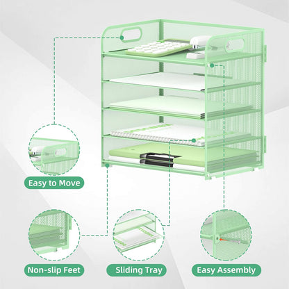 Supeasy 5 Trays Paper Organizer Letter Tray with Handle-Mesh Desk File Holders, Paper Sorter Desk Organizer for Office, Home, Classroom or School