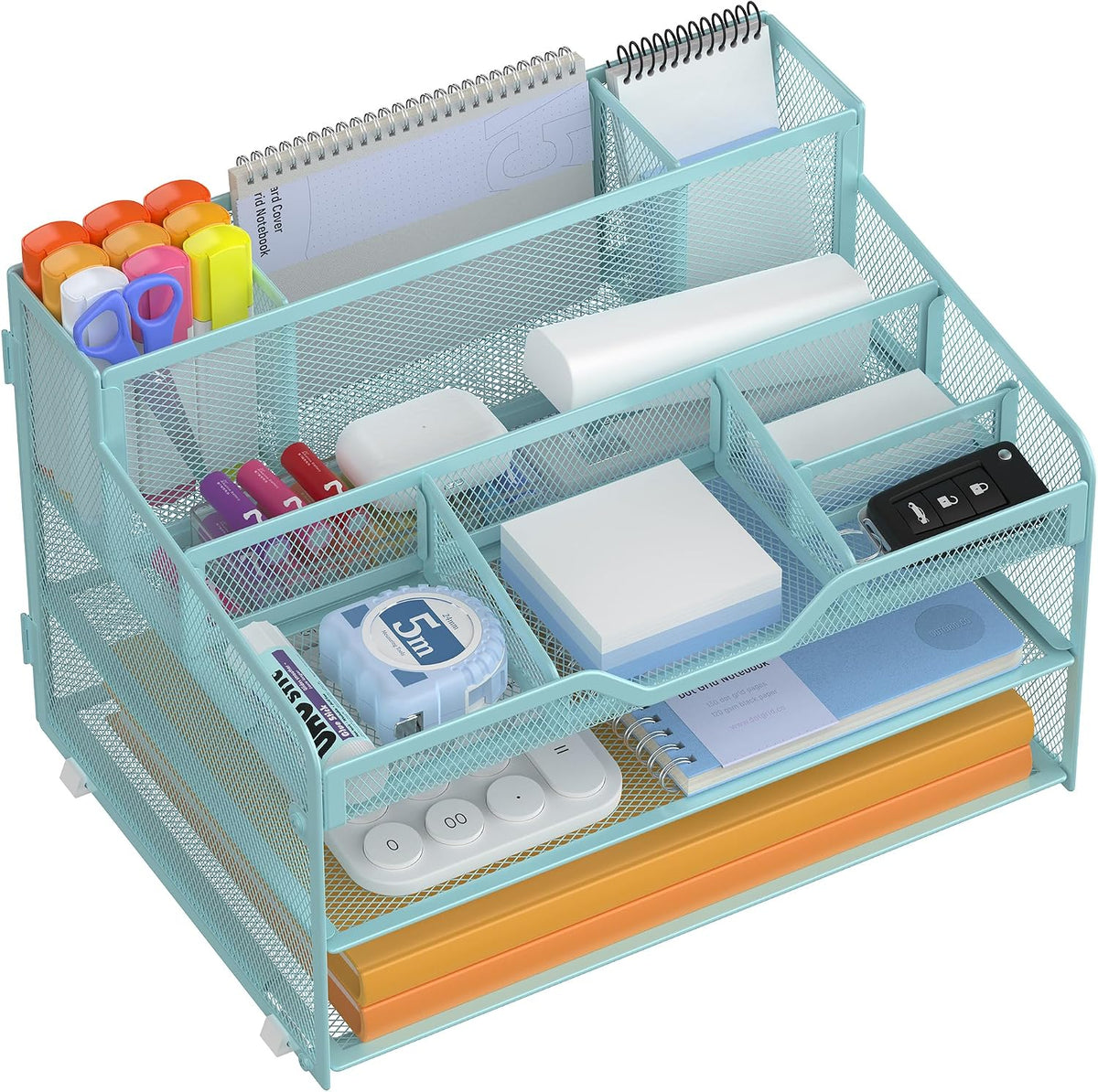 Docnest 5 Tier Mesh Desk Organizer for Paper Office Supplies – Multi-Functional Letter Tray with 5 Adjustable Compartments, 3 Pen Holders, Desktop Storage for Files, Mail, Stationery – Black