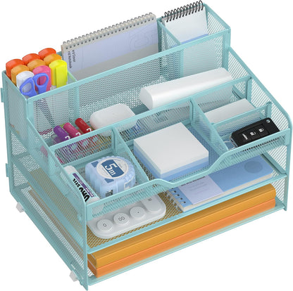 Docnest 5 Tier Mesh Desk Organizer for Paper Office Supplies – Multi-Functional Letter Tray with 5 Adjustable Compartments, 3 Pen Holders, Desktop Storage for Files, Mail, Stationery – Black