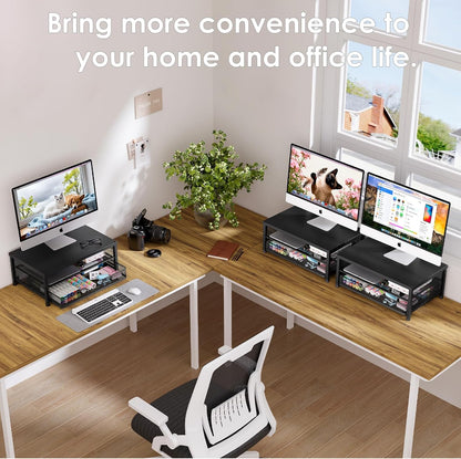 Desk Organizers and Accessories, Computer Monitor Stand Riser with Drawer and 2 Pen Holders, Printer & Laptop Stand, Office Desk Accessories & Workspace Organizers for Home Office Supplies, Black