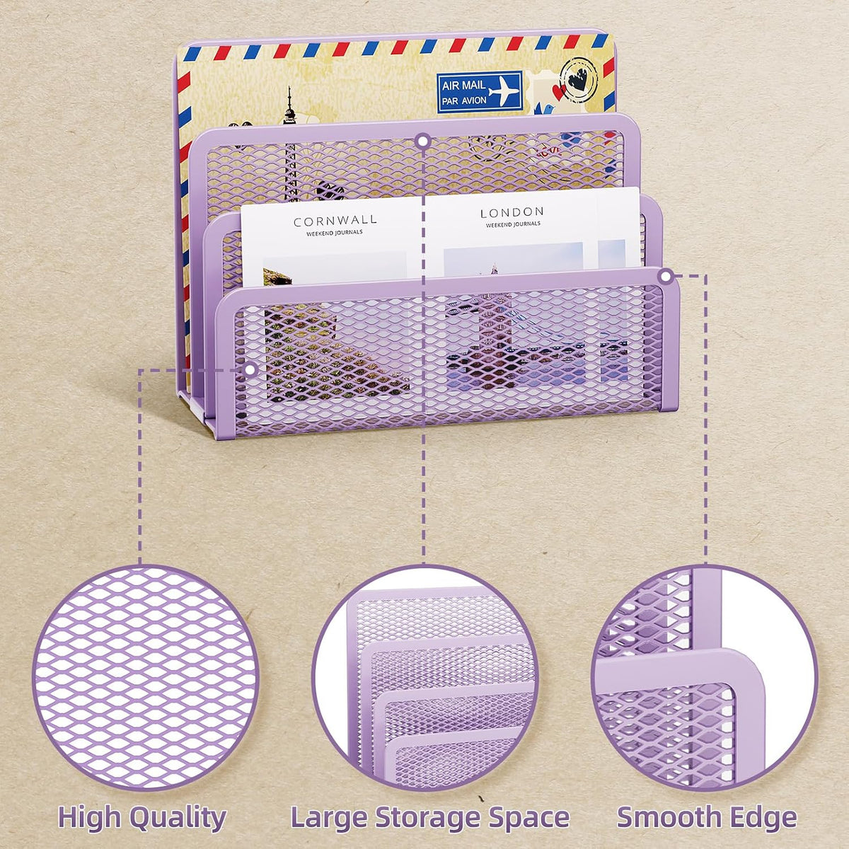 Marbrasse Mail Organizer for Desk, 3-Slot Mesh Metal Mail Holder countertop, Letter Holder, Office Desktop Envelope and Document Storage Rack (2P)