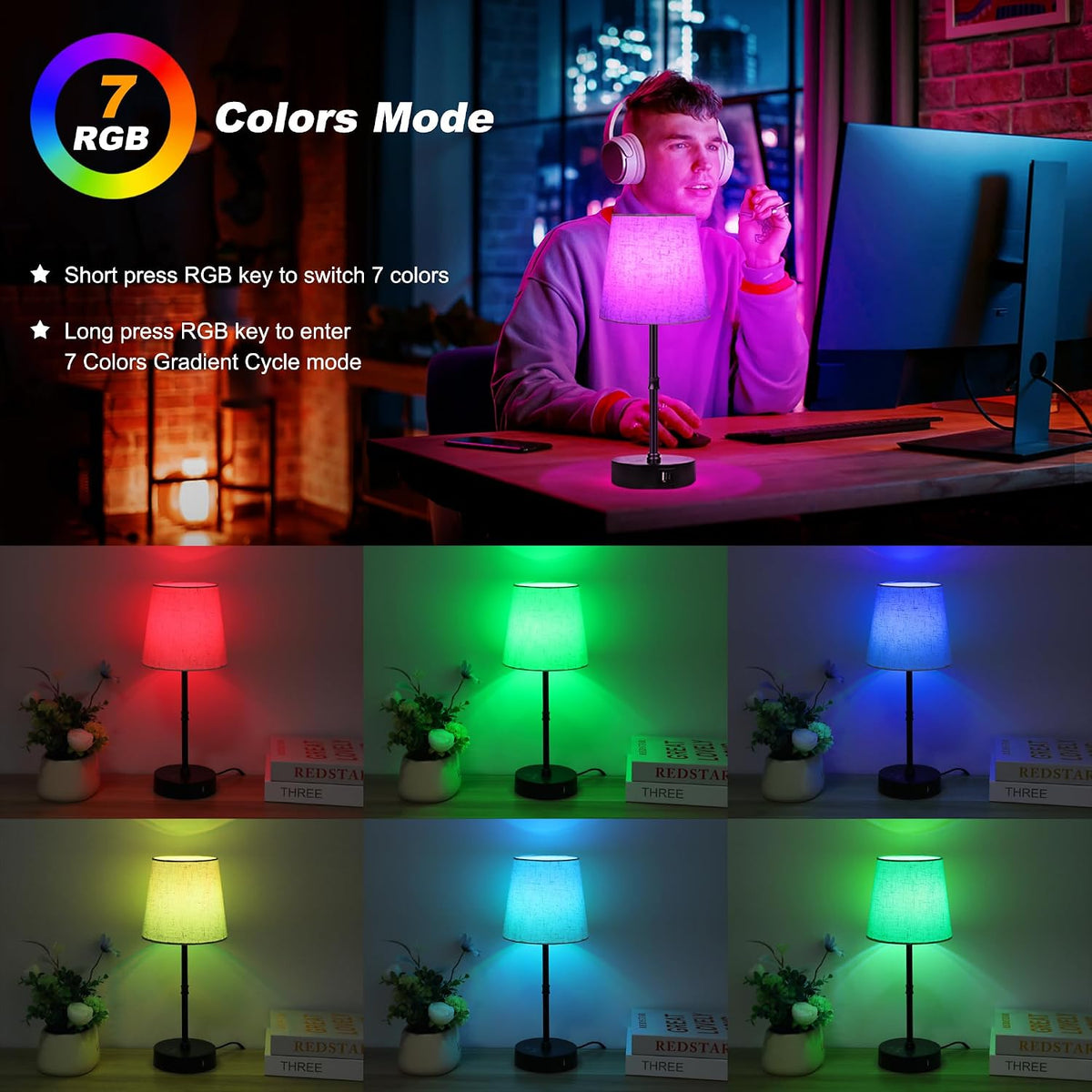 Ascher Small Bedside Table lamp, RGB Color Changing Lamps, 3 Color Temperatures, Dimmable Nightstand Lamp with USB C+A Ports, Touch Desk Lamp for Bedroom Living Room, H11.4in(Flaxen Shade)