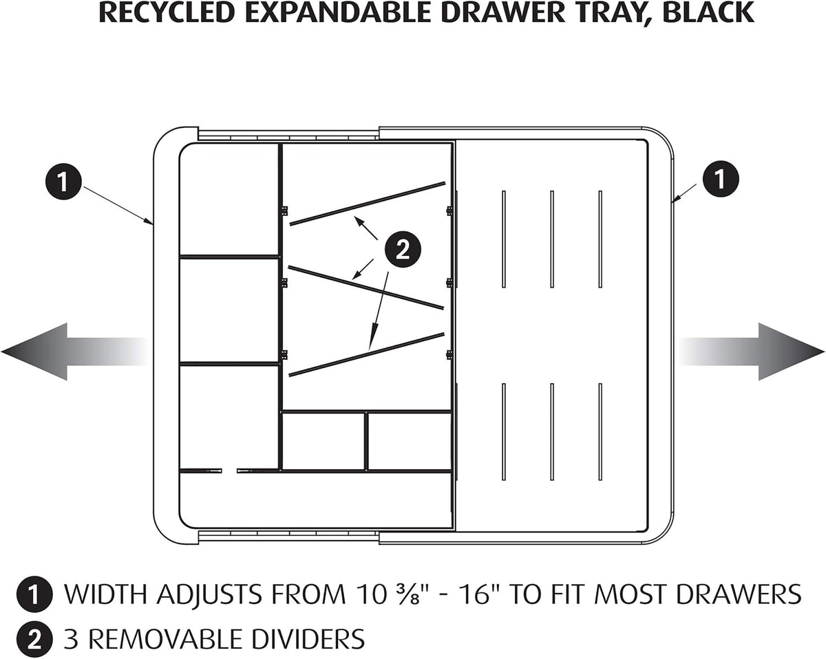 Officemate Expandable Drawer Organizer Tray, Adjustable 10.3"–16" Width, Customizable Compartments with Dividers, Recycled Plastic, Black