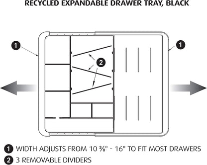 Officemate Expandable Drawer Organizer Tray, Adjustable 10.3"–16" Width, Customizable Compartments with Dividers, Recycled Plastic, Black