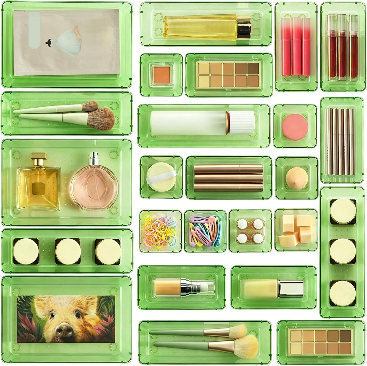 Vtopmart 25 PCS Clear Plastic Drawer Organizers Set, 4-Size Versatile Bathroom and Vanity Drawer Organizer Trays, Storage Bins for Makeup, Bedroom, Kitchen Gadgets Utensils and Office