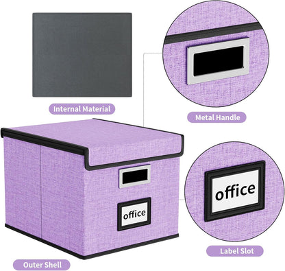 Upgraded Portable File Organizer Box with Lid, Collapsible Linen Hanging Filing Storage Boxes with Plastic Slides, Decorative Home/Office Filing System Box for File and Folders Storage (Gray)