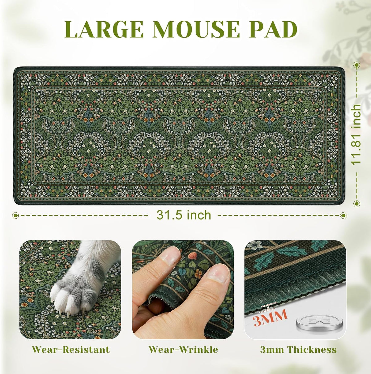 iCasso Desk Mat for Keyboard and Mouse, Large Mouse Pad, Desk Pad Mat, Anti-Slip Big Mousepad with Stitched Edges for Computer Desktop(Deep Green)