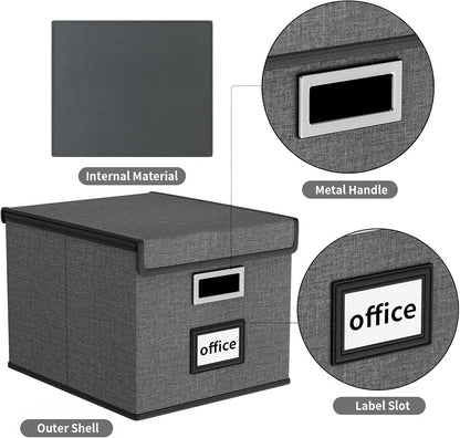 Upgraded Portable File Organizer Box with Lid, Collapsible Linen Hanging Filing Storage Boxes with Plastic Slides, Decorative Home/Office Filing System Box for File and Folders Storage (Gray)