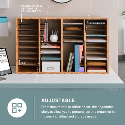 Safco 9422GR Wood Adjustable Literature & Paper Organizer, 16 Adjustable Compratment, Stackable Durable Construction, Home, Office, Mailroom, Classroom Mailbox , Gray
