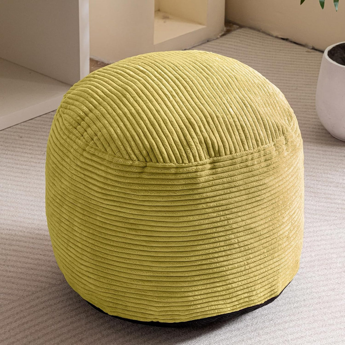 Round Stuffed Pouf Ottoman, Corduroy Poufs with Foam Chunk Filling, Furry and Fluffy Pouf Foot Stool Storage Ottoman, 20 X 15 Floor Poufs Foot Rest for Living Room, Dark Grey