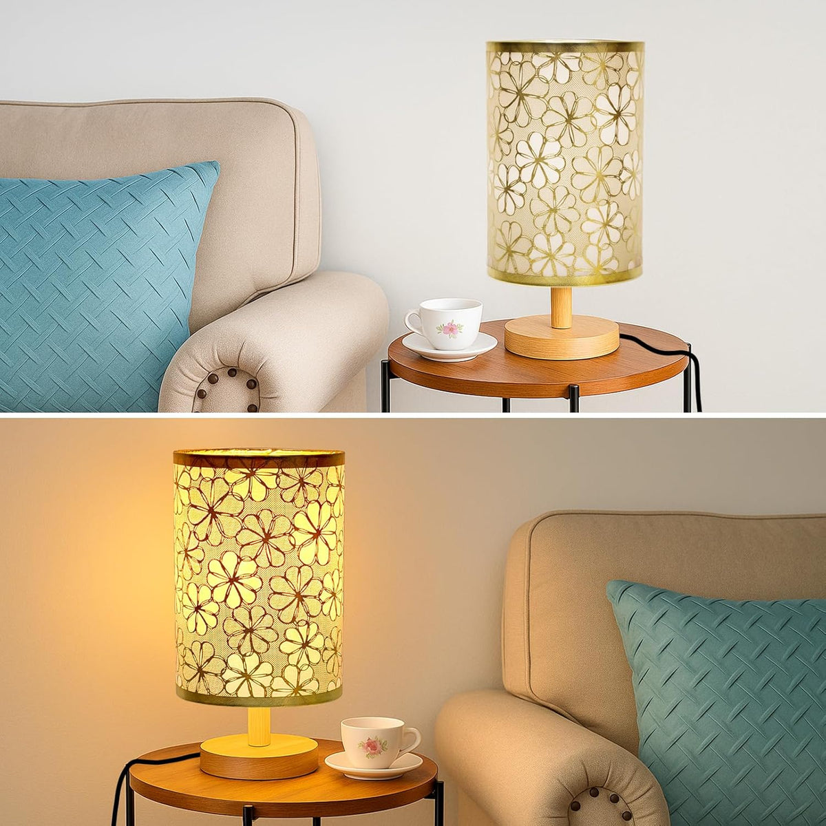 Desk Lamp LED Bulb Included, Small Bedside Table Lamp Plug-in - Classic Wood Base with Flaxen Fabric Shade, Lamps for Night Stands, Simple Nightstand Light for Bedroom, Office, Desk