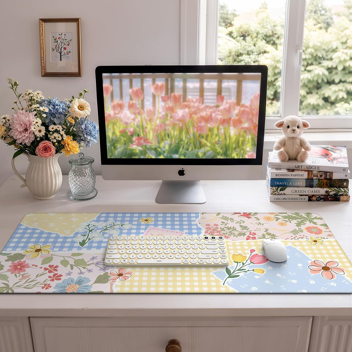Desk Mat,Mouse Pad for Office Desk,35.4x15.7in,Pink Flowers