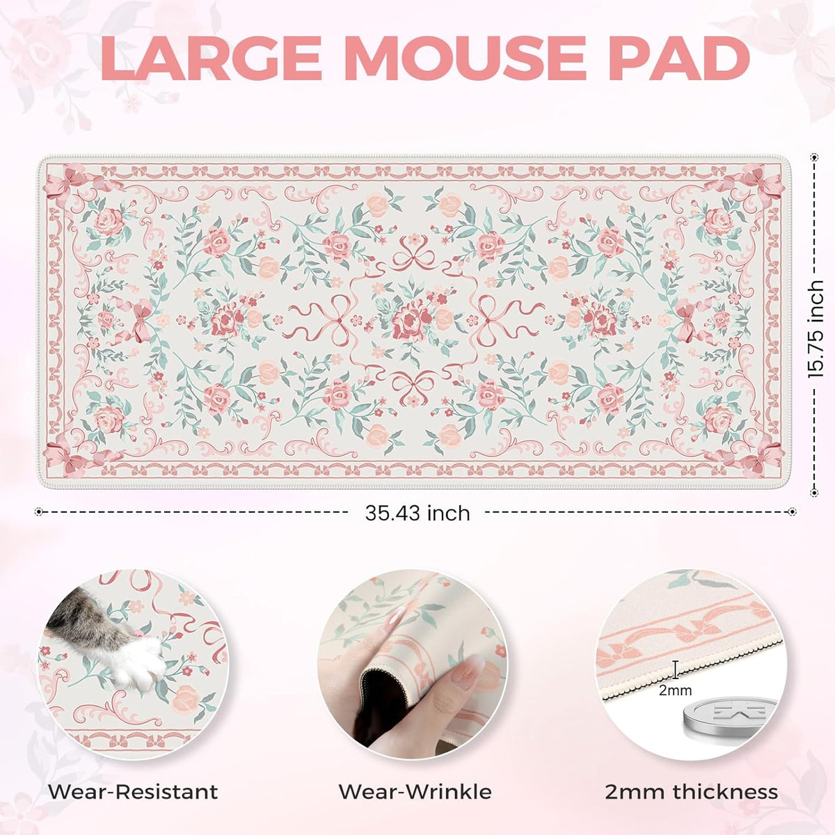 Desk Mat,Mouse Pad for Office Desk,35.4x15.7in,Pink Flowers