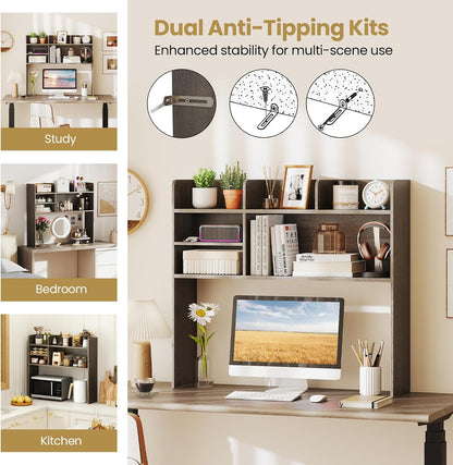 Desktop Bookshelf, Countertop Storage Hutch with 5 Shelves for Computer Desk, Desk 3-Tier Display Rack, Multipurpose Wood Desktop Hutch Storage Organizer for Dorm Office Home