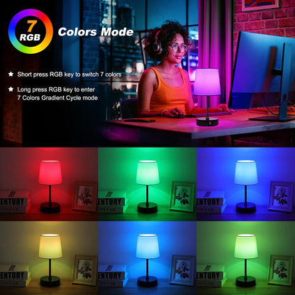 Ascher Small Bedside Table lamp, RGB Color Changing Lamps, 3 Color Temperatures, Dimmable Nightstand Lamp with USB C+A Ports, Touch Desk Lamp for Bedroom Living Room, H11.4in(Flaxen Shade)