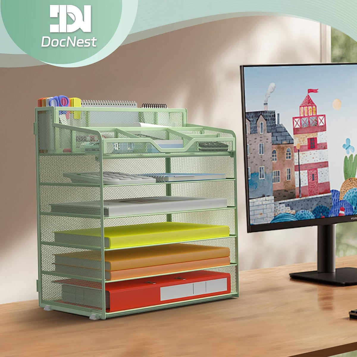 Docnest 5 Tier Mesh Desk Organizer for Paper Office Supplies – Multi-Functional Letter Tray with 5 Adjustable Compartments, 3 Pen Holders, Desktop Storage for Files, Mail, Stationery – Black