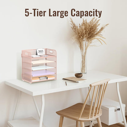Supeasy 5 Trays Paper Organizer Letter Tray with Handle-Mesh Desk File Holders, Paper Sorter Desk Organizer for Office, Home, Classroom or School