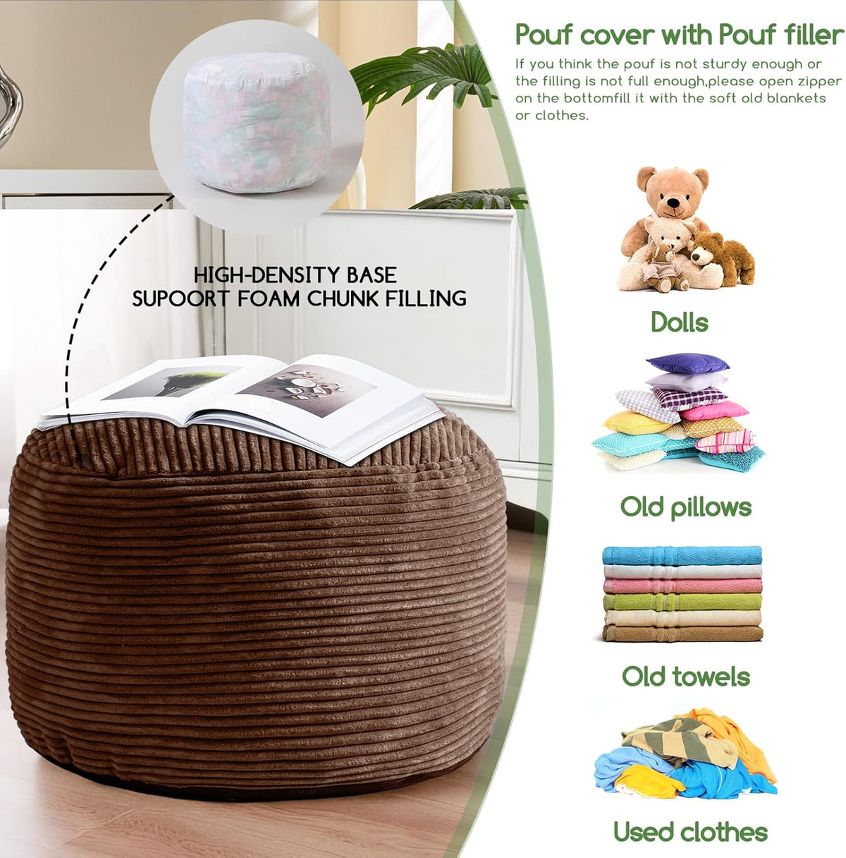 Round Stuffed Pouf Ottoman, Corduroy Poufs with Foam Chunk Filling, Furry and Fluffy Pouf Foot Stool Storage Ottoman, 20 X 15 Floor Poufs Foot Rest for Living Room, Dark Grey