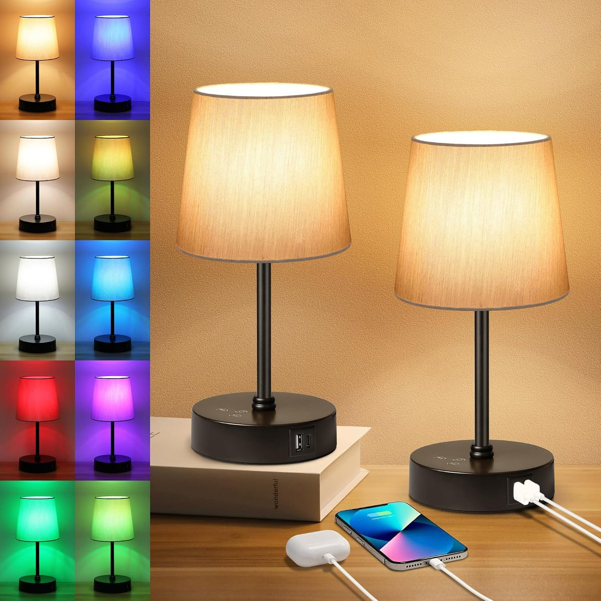 Ascher Small Bedside Table lamp, RGB Color Changing Lamps, 3 Color Temperatures, Dimmable Nightstand Lamp with USB C+A Ports, Touch Desk Lamp for Bedroom Living Room, H11.4in(Flaxen Shade)