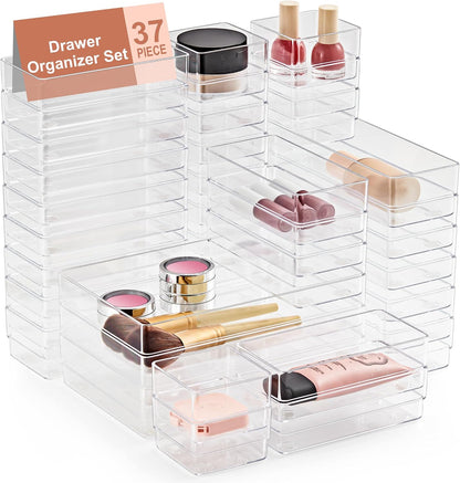 SMARTAKE Drawer Organizer with Non-Slip Silicone Pads, 5-Size Desk Drawer Organizer Trays Storage Tray for Makeup, Jewelries, Utensils in Bedroom Dresser, Office and Kitchen (Clear)