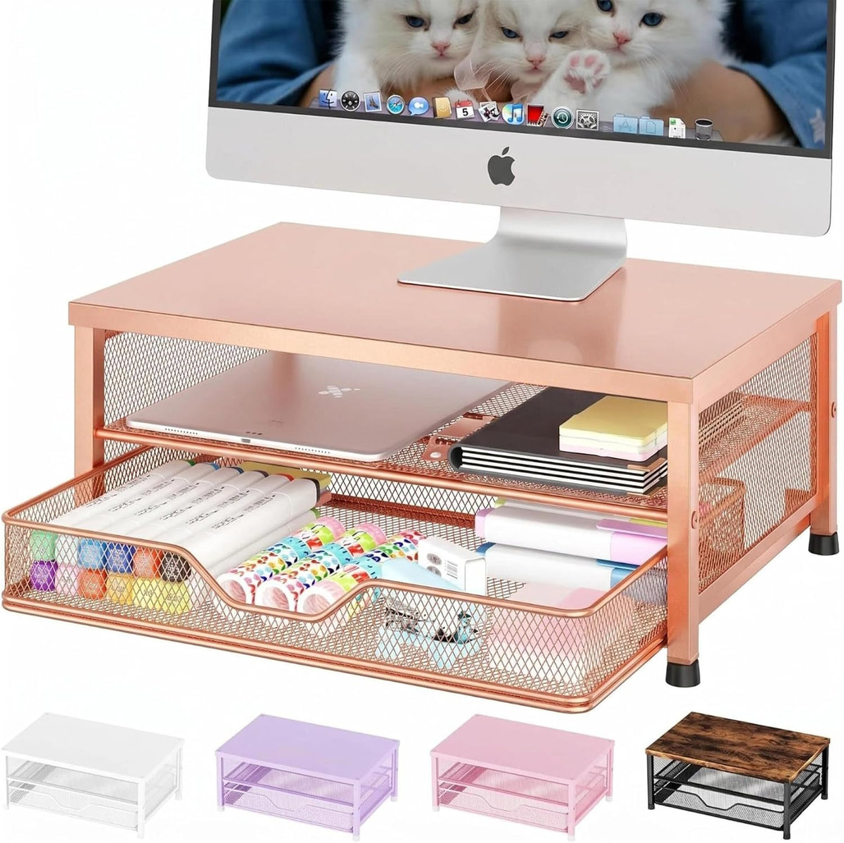 Desk Organizers and Accessories, Computer Monitor Stand Riser with Drawer and 2 Pen Holders, Printer & Laptop Stand, Office Desk Accessories & Workspace Organizers for Home Office Supplies, Black