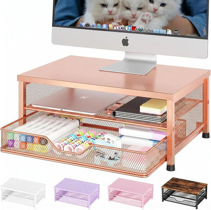 Desk Organizers and Accessories, Computer Monitor Stand Riser with Drawer and 2 Pen Holders, Printer & Laptop Stand, Office Desk Accessories & Workspace Organizers for Home Office Supplies, Black