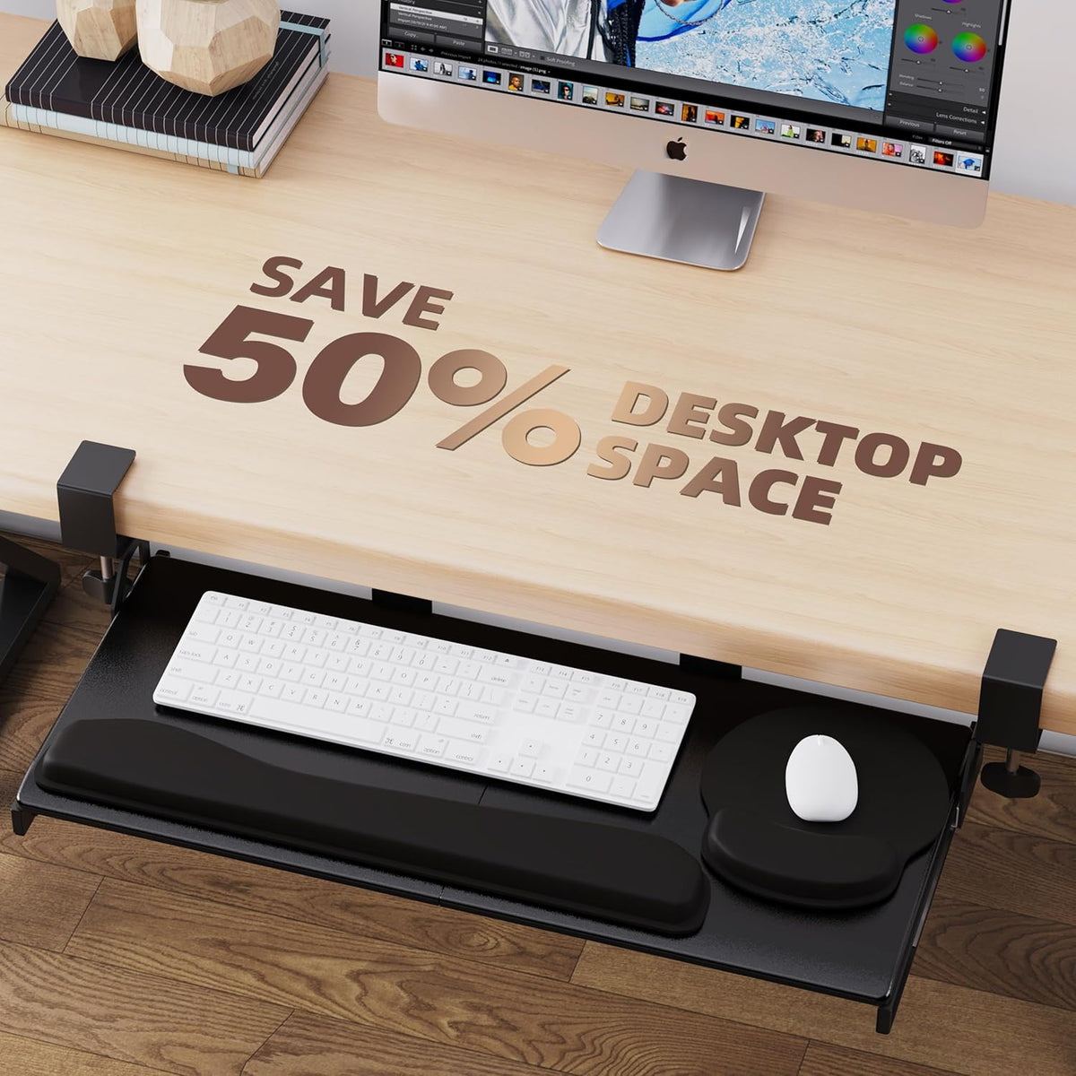 Keyboard Tray, 25 in. Pine Plastic, Keyboard tray Under Desk with Wrist Rest, Mouse Pad, Cup Mat, Lightweight Slide Out Tray, Easy Assemble Adjustable C clamp