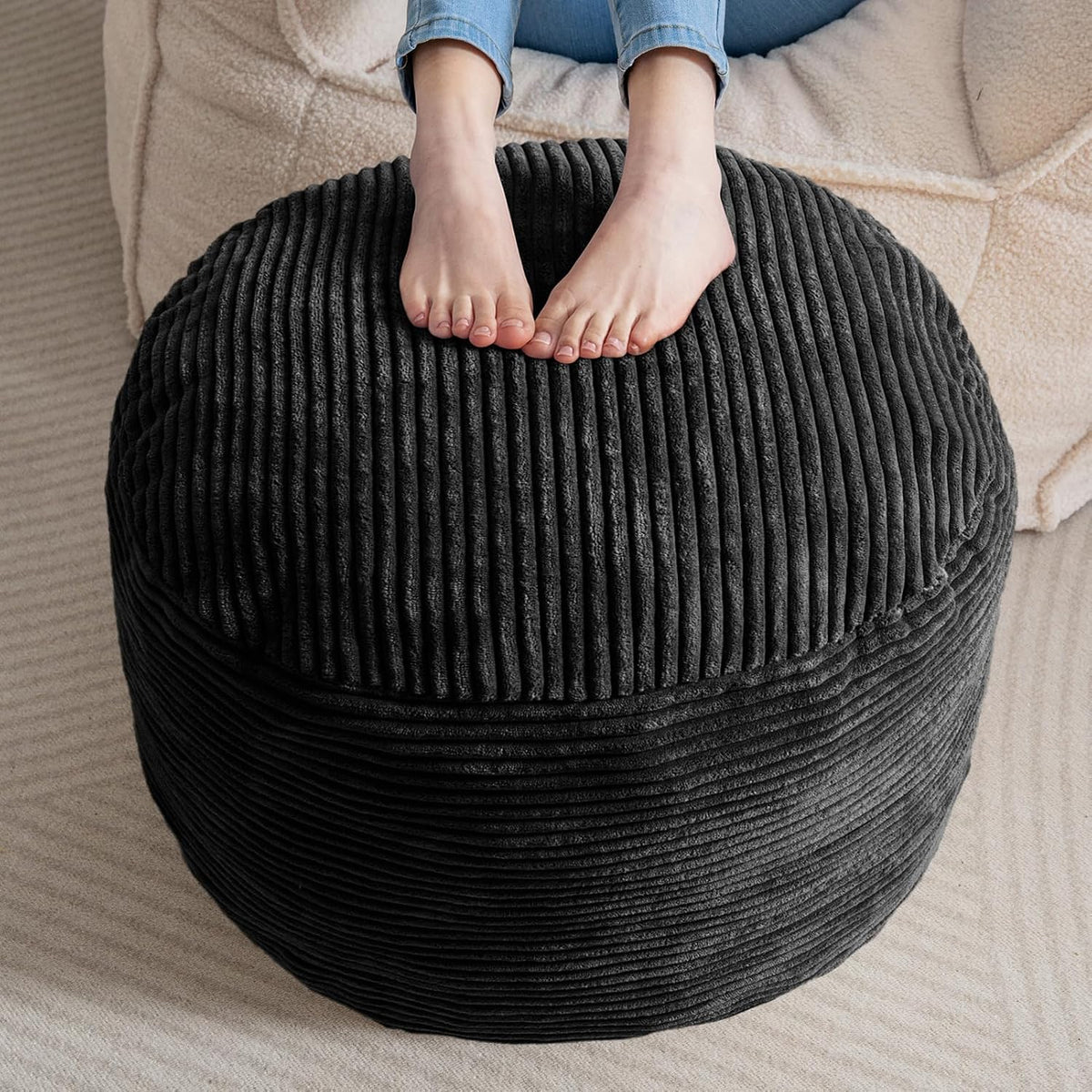 Round Stuffed Pouf Ottoman, Corduroy Poufs with Foam Chunk Filling, Furry and Fluffy Pouf Foot Stool Storage Ottoman, 20 X 15 Floor Poufs Foot Rest for Living Room, Dark Grey