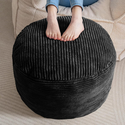 Round Stuffed Pouf Ottoman, Corduroy Poufs with Foam Chunk Filling, Furry and Fluffy Pouf Foot Stool Storage Ottoman, 20 X 15 Floor Poufs Foot Rest for Living Room, Dark Grey