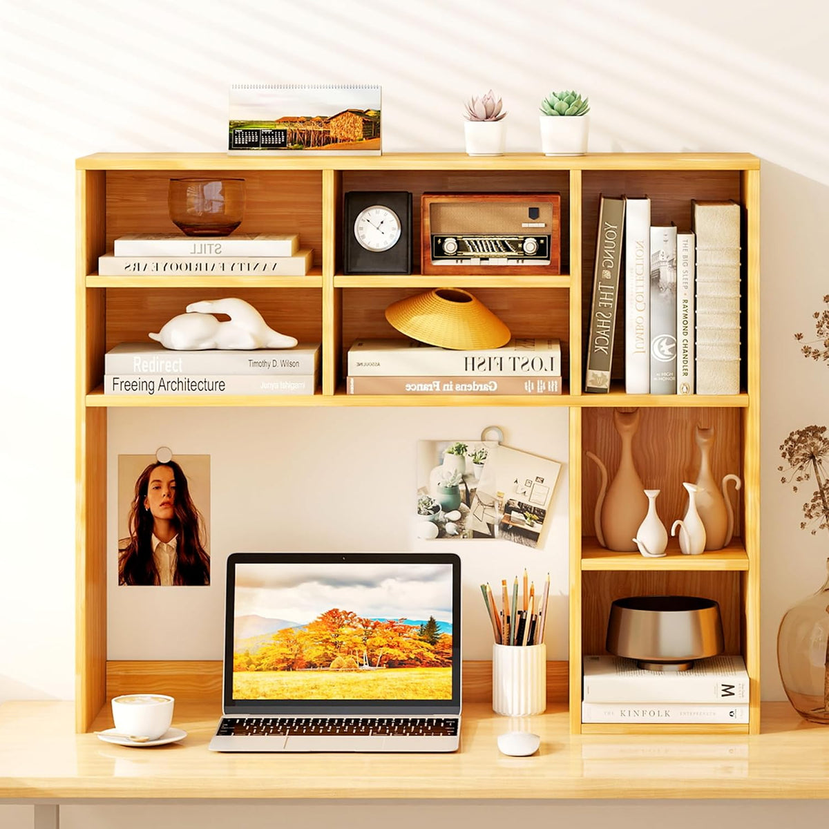 Desktop Bookshelf, Countertop Storage Hutch with 5 Shelves for Computer Desk, Desk 3-Tier Display Rack, Multipurpose Wood Desktop Hutch Storage Organizer for Dorm Office Home