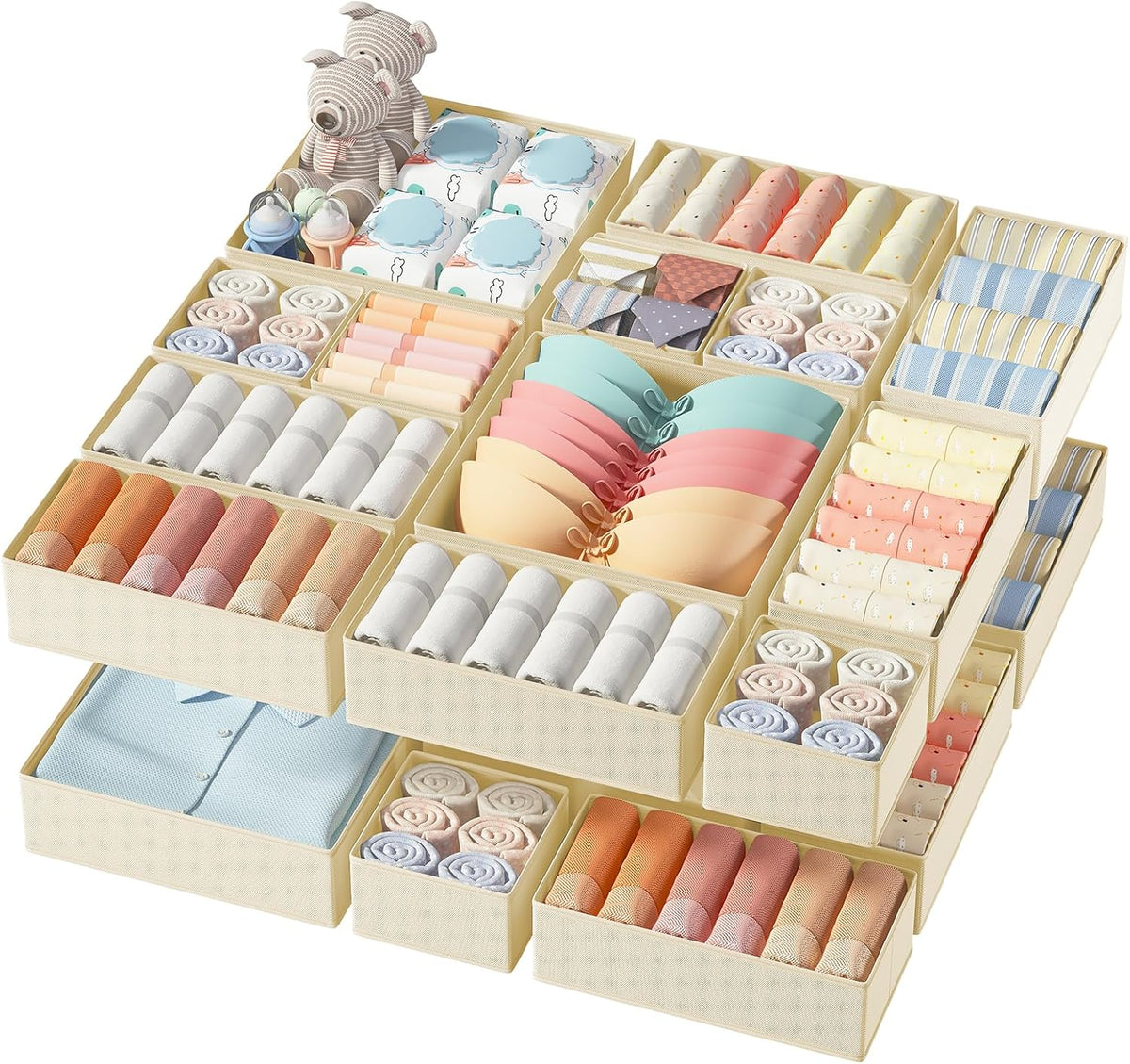 Drawer Organizer Clothes, Dresser Organizer, Foldable Closet Organizers and Storage, Fabric Dresser Bins, Drawer Dividers for Nursery, Baby Clothes, Underwears, Sock (Beige)