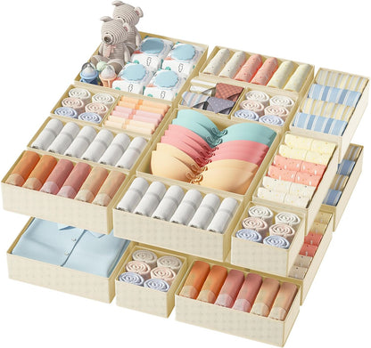 Drawer Organizer Clothes, Dresser Organizer, Foldable Closet Organizers and Storage, Fabric Dresser Bins, Drawer Dividers for Nursery, Baby Clothes, Underwears, Sock (Beige)