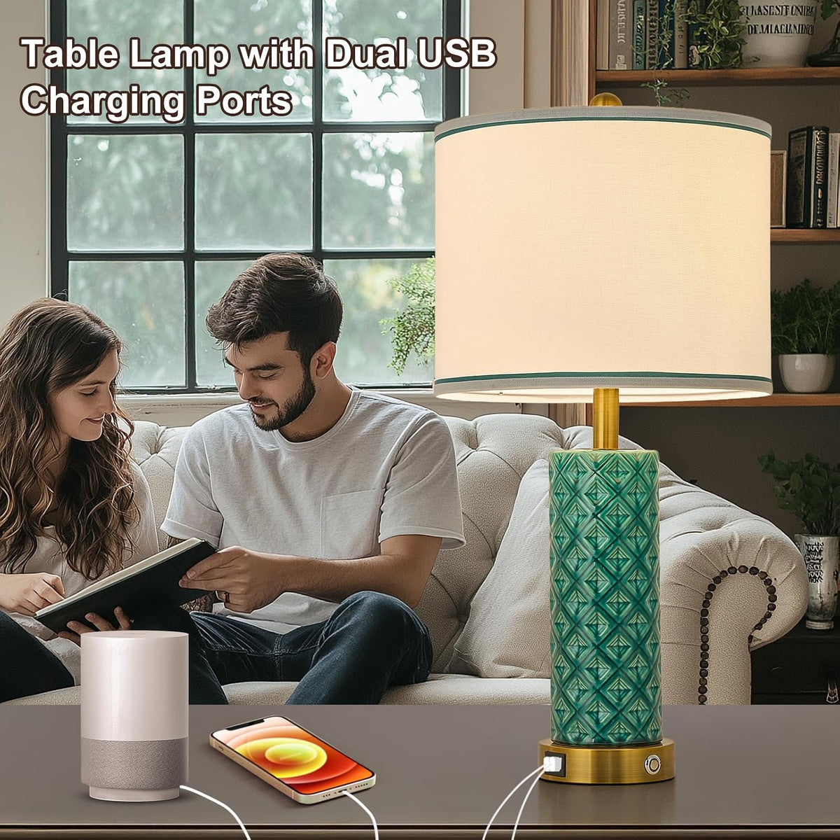 Small Bedside Table Lamp for Bedroom - Reading Desk Lamp with 3 Color Temperatures，15.5" Nightstand Ceramic Lamp with Fabric Shade for Kids Room,Living Room,Dorm,Home Office (Green)
