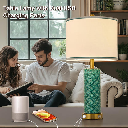 Small Bedside Table Lamp for Bedroom - Reading Desk Lamp with 3 Color Temperatures，15.5" Nightstand Ceramic Lamp with Fabric Shade for Kids Room,Living Room,Dorm,Home Office (Green)