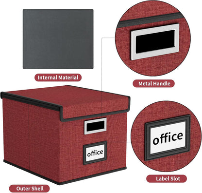 Upgraded Portable File Organizer Box with Lid, Collapsible Linen Hanging Filing Storage Boxes with Plastic Slides, Decorative Home/Office Filing System Box for File and Folders Storage (Gray)
