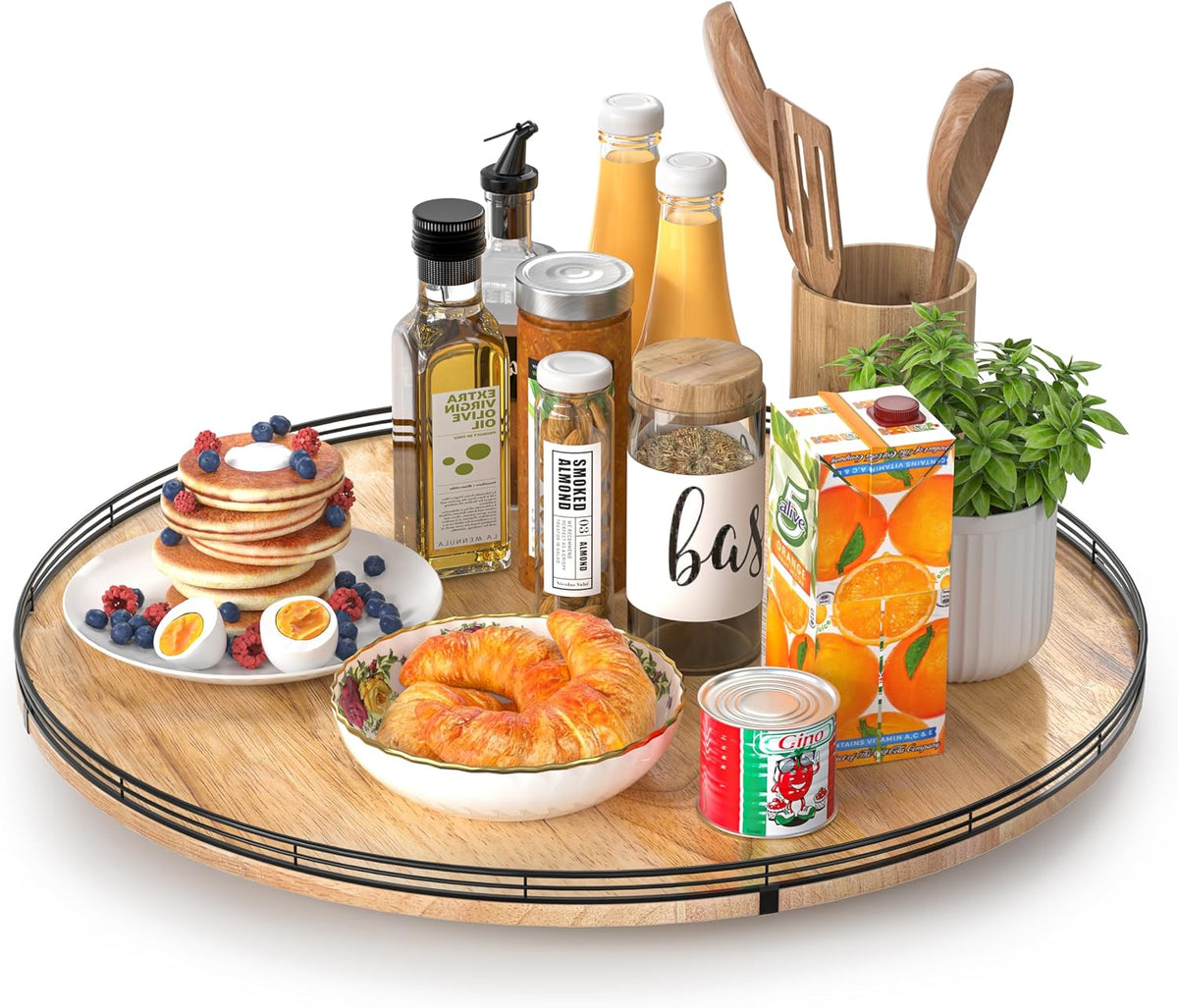 Farmhouse Oak 9" Lazy Susan Turntable Organizer for Cabinet, Round Wooden Lazy Susan Organization and Storage for Dining Table, Pantry, Kitchen, Countertop, Cupboard,Home Decor, Walnut Wood