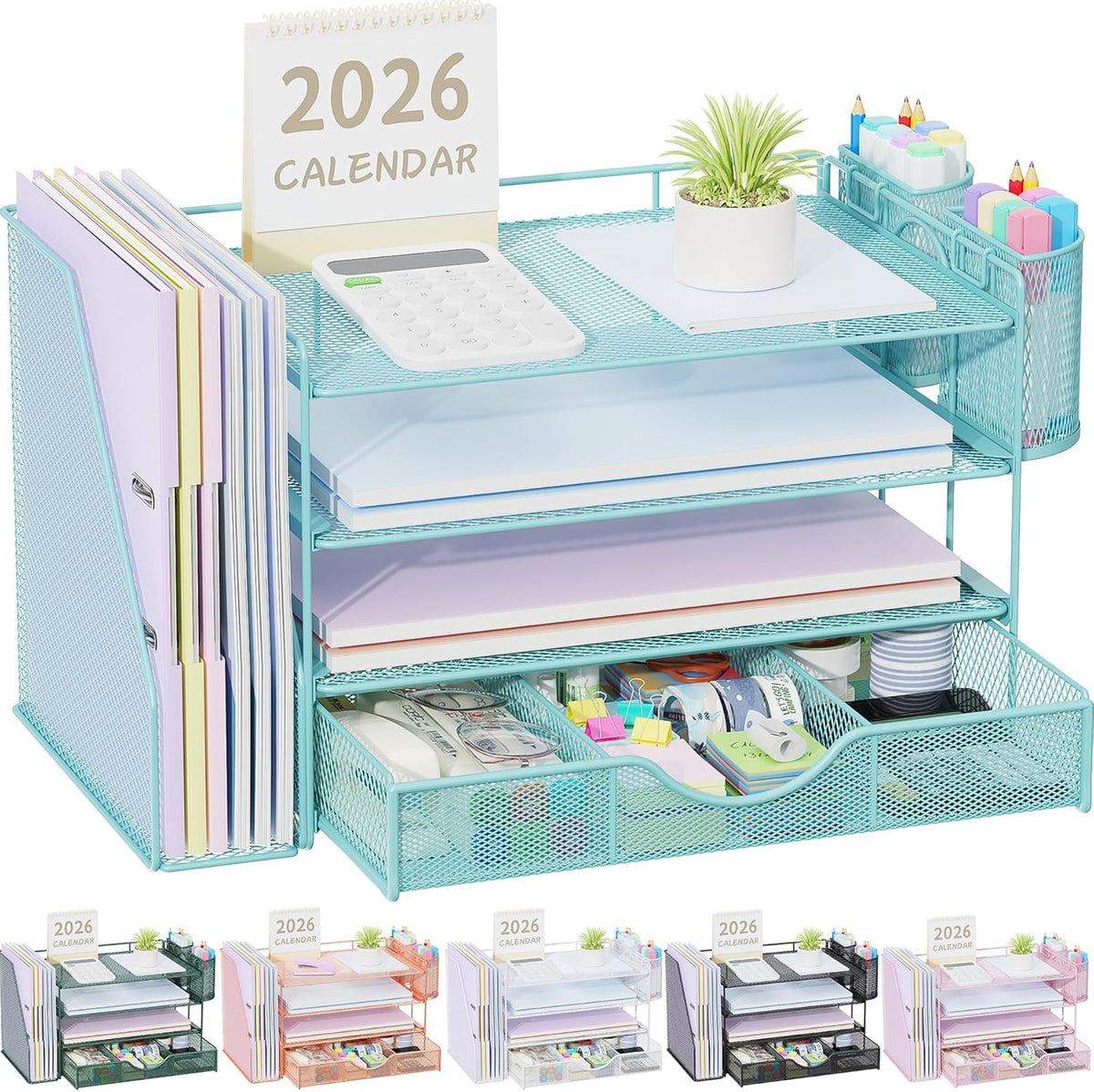 gianotter Desk Organizers and Accessories with File Holder, 4-Tier Desk Accessories & Workspace Organizers with Drawer and 2 Pen Holder, Paper Organizer for Office Supplies (Rose Gold)