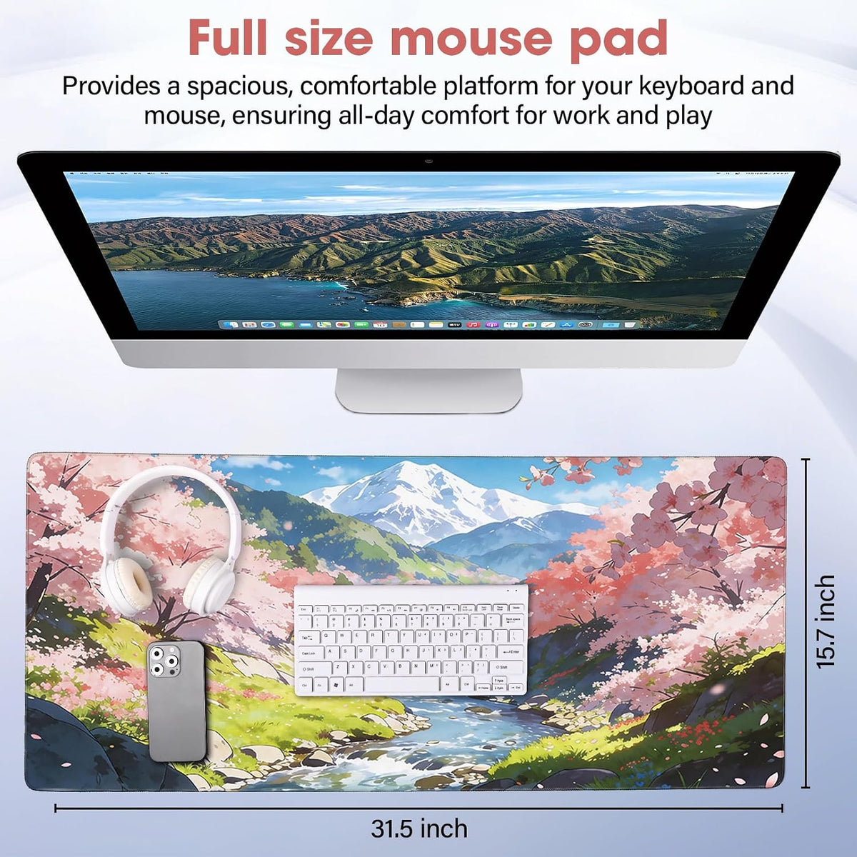 31.5" x 15.7" Waterproof Fabric Desk Pad, Rubber Anti-Slip Base, Stitched Edges No Curling, Fits Laptop Keyboard and Mouse, Smooth Office Mat Large Mouse Pad for Work Game, Black