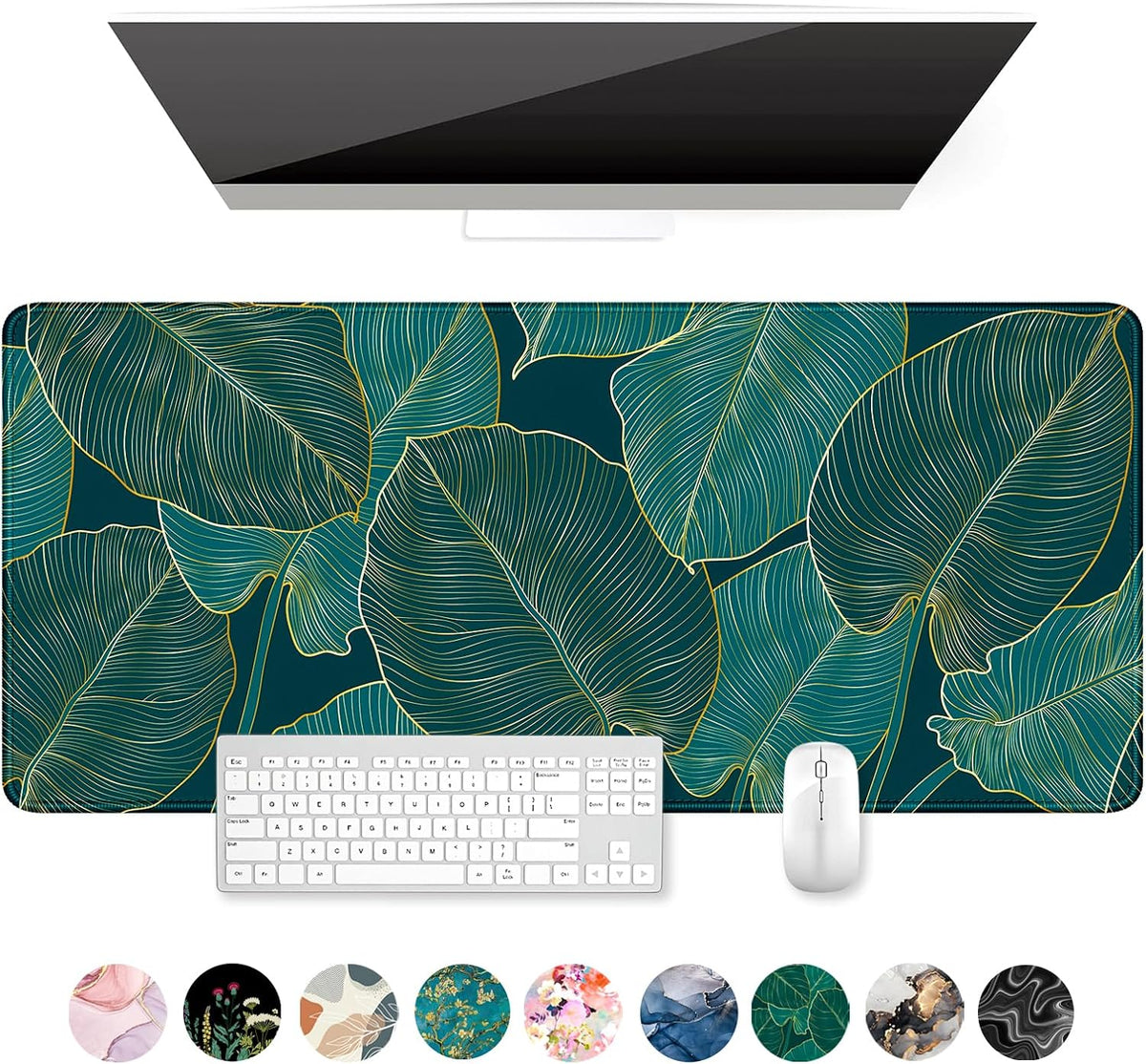 Auhoahsil Desk Mat, Ultra Large Mouse Pad, XXL Gaming Mousepad, Green Tropical Leaves Deskpad, Big Extended Full Size Mouse Pad, Desktop Desk Matt for Keyboard, Laptop & Computer, 35.5 x 15.7 in - Colors A