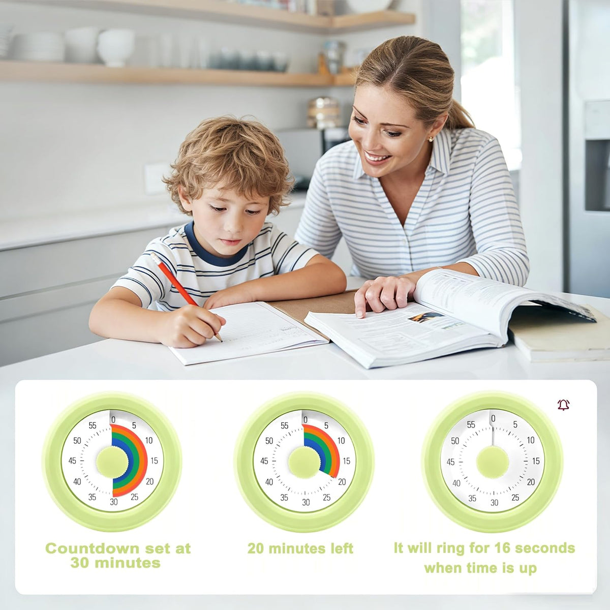 60 Minute Visual Timer with Silent Operation Visual Countdown Timer Rainbow Disk 60 Minute Countdown Timer Task Reminder Home and Kitchen Timer for Kids Desk, Office Meetings (White-Rainbow)